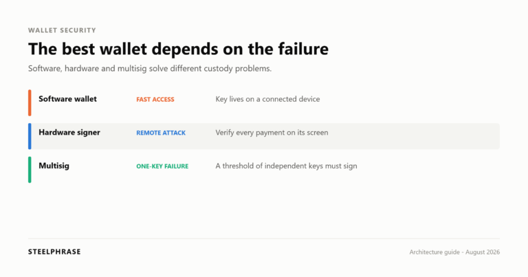 Comparison of software, hardware, seedless and multisig self-custody wallet designs