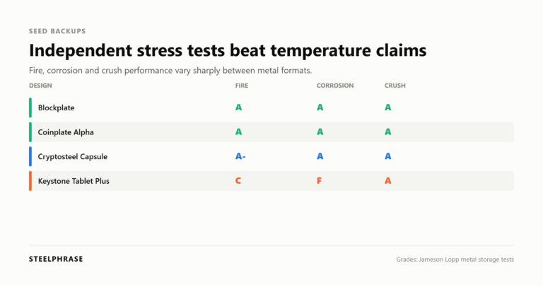 Comparison of metal seed phrase backups using fire, corrosion and crush testing
