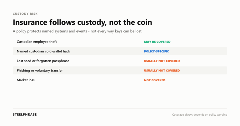 Coverage matrix showing which self-custody and custodian crypto losses may or may not be insured.