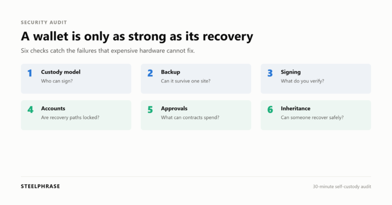 A five-part self-custody security checklist covering wallet, backup, signing, accounts and recovery
