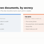 Two panels splitting inheritance paperwork into a findable map containing no secrets and a protected document containing the keys.