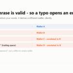 Table showing the same words with different passphrases deriving four unrelated wallets, including a trailing space producing a different one.