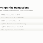Scorecard of six chains and what signs their transactions, from QRL using hash-based XMSS down to Bitcoin using ECDSA.