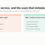 Comparison of the tells of a crypto recovery scam against the one legitimate service, unlocking a wallet you still own.