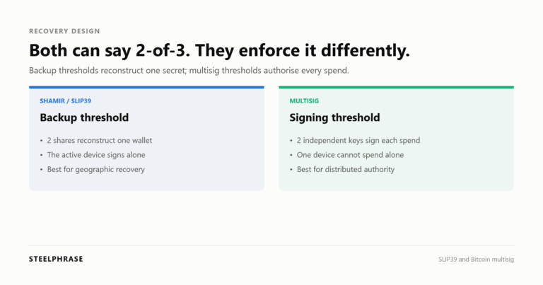 Comparison of a Shamir backup threshold that reconstructs one wallet with a multisig threshold that authorises every spend.